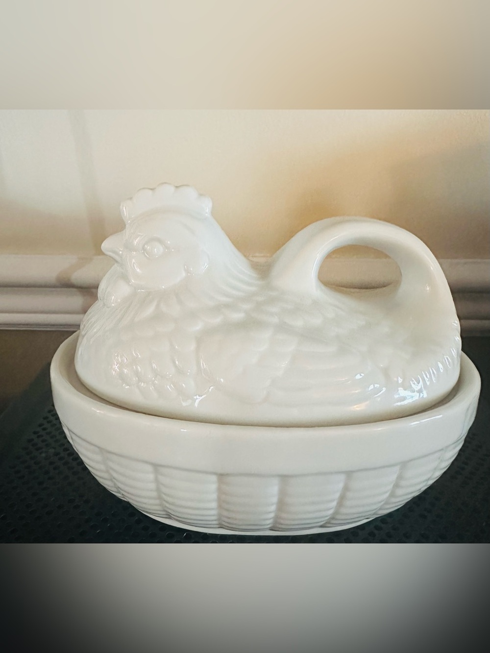 Vintage White Ceramic Hen on Nest Dish